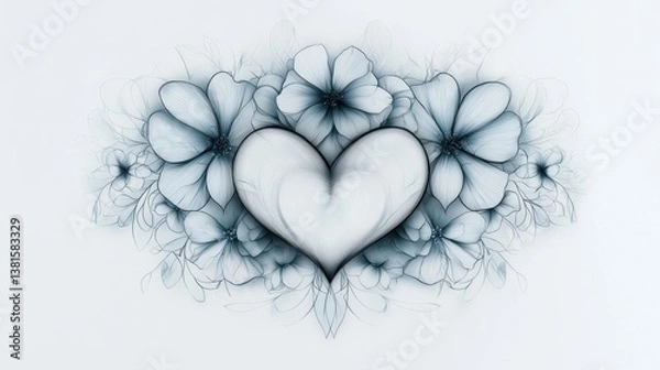 Fototapeta A heart-shaped design is elegantly surrounded by soft blue flowers with fine detailing against a pale background, creating a serene and calming visual atmosphere