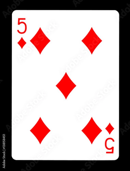Obraz Five of Diamonds playing card, isolated on black background.