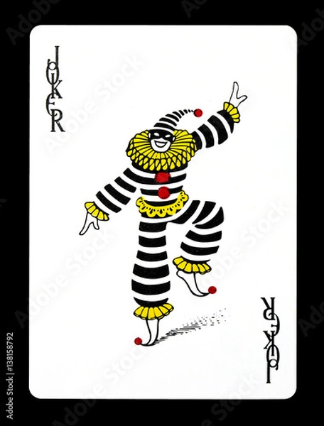 Obraz Joker colorful playing card, isolated on black background.