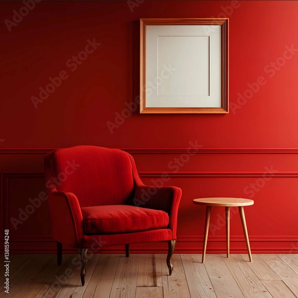 Fototapeta a red armchair in front of a deep red wall wooden floor mid century small wooden side table a picture frame is on the wall clean modern minimalist design studio sto