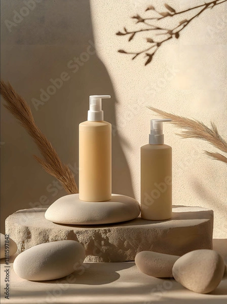 Obraz An aesthetic and minimalistic background for two bottles of shampoo on a podium surrounded by stones and wood with a beige color palette The product photography
