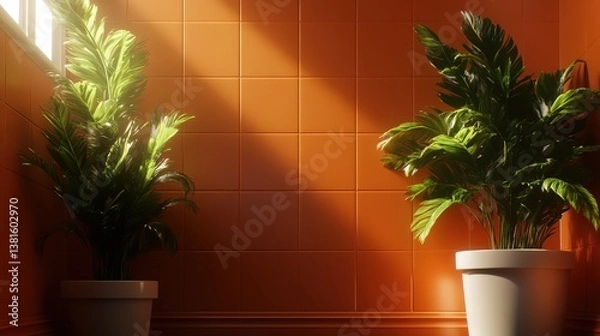 Obraz Vivid indoor plants basking in natural sunlight within a bright orange-tiled room, creating a vibrant and refreshing atmosphere that enhances indoor aesthetics.