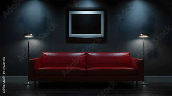 Obraz minimalistic contemporary living room in grey black and white color scheme deep red leather sofa a picture frame on the wall night time scene room is lit by soft wa