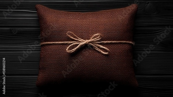 Obraz The image showcases a cozy brown pillow, beautifully wrapped with a natural twine bow, resting on a dark wooden surface. It evokes feelings of comfort and warmth.
