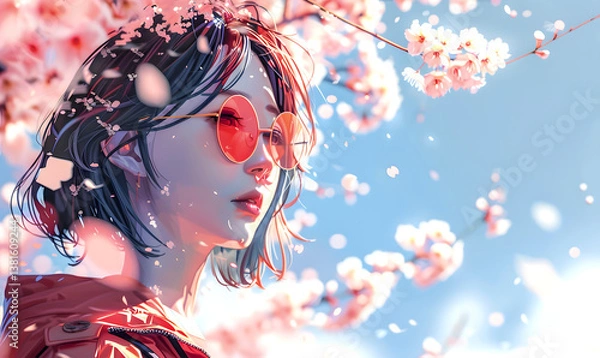 Fototapeta Stylized portrait of a young Asian woman with short hair and red sunglasses, standing beneath cherry trees in full bloom on a clear spring day, with petals floating around her. Copy space.
