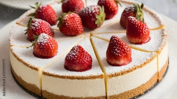 Fototapeta A cheesecake with a creamy texture, topped with dark chocolate and fresh berries