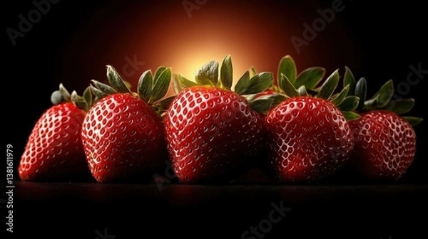 Obraz Fresh strawberries are elegantly lined up, showcasing their rich red hue and natural shine, evoking feelings of indulgence and sweetness in every bite.