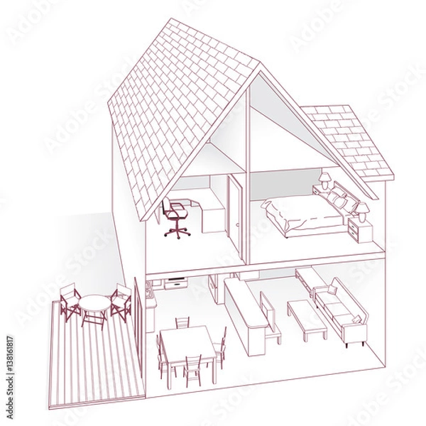 Fototapeta Line drawing of a home cross-section showing different areas of the house.
