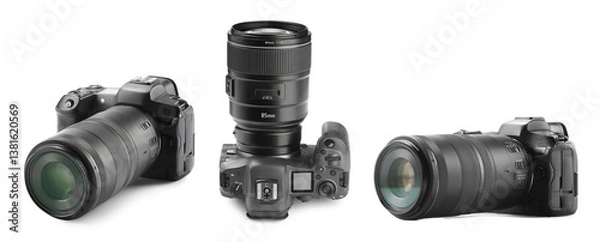 Fototapeta Modern photo camera isolated on white, set. View from different sides