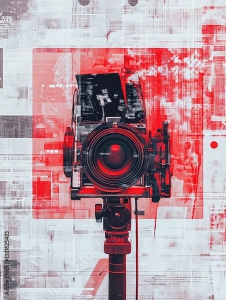 Fototapeta This cover showcases a modern news concept with a central camera surrounded by striking graphic elements in white red and gray