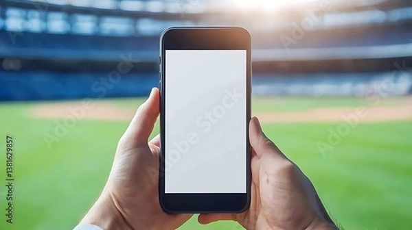 Fototapeta A person is holding a smartphone in front of a baseball stadium