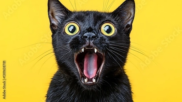 Fototapeta A black cat with wide open mouth against a yellow background