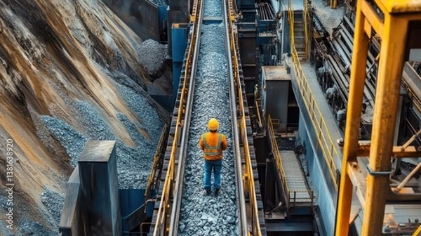 Obraz Industrial conveyor belt system monitored by a worker in a mining facility