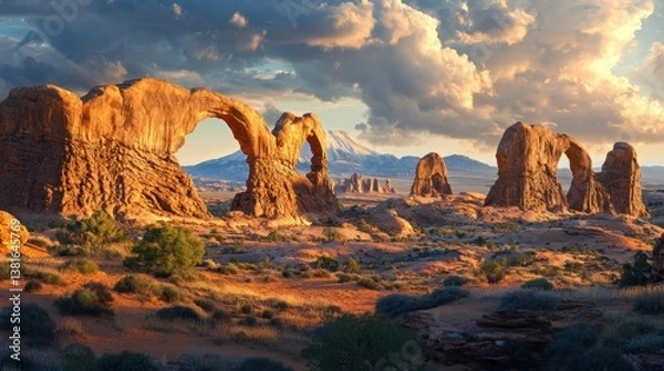 Obraz Dramatic desert arches landscape with imposing rock formations at sunset or sunrise