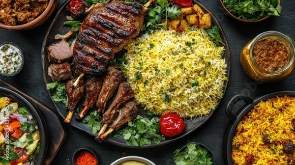 Obraz Traditional Eid al-Adha feast featuring grilled lamb chops and saffron rice masterpiece