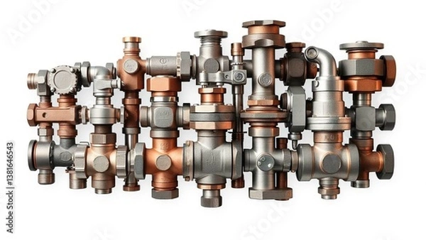 Fototapeta Intricate network of metallic valves, couplings, and pipes assembled together demonstrating complex engineering and industrial design.