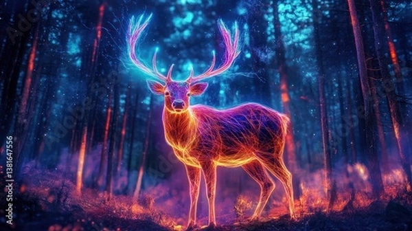 Obraz Enchanted Forest Guardian: A Neon Stag Illuminating the Mystical Woodland