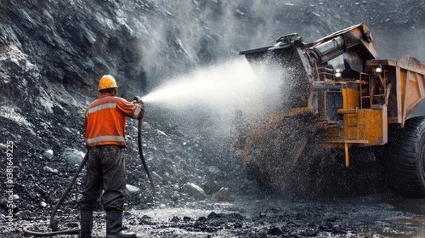 Obraz Worker utilizing a pressure hose cleaning heavy machinery at an industrial mine site