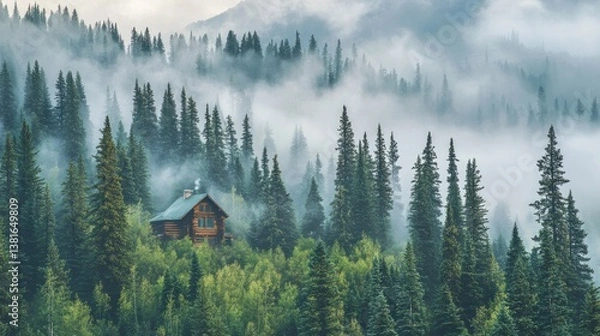 Obraz Idyllic mountain cabin nestled in a serene forest shrouded in mystic fog