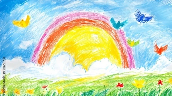 Fototapeta Crayon clouds with rainbow. Sky with sun and silhouette of a flock of birds. Colorful wax pencil kids drawing landscape. Vector naive and funny design element. Funky doodle clouds for childish collage