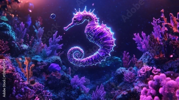 Obraz Radiant Seahorse: A Neon Aquatic Creature in a Cybernetic Coral Garden