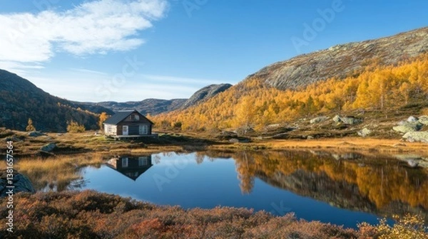 Obraz Idyllic cabin retreat nestled amongst the golden hues of autumn mountains