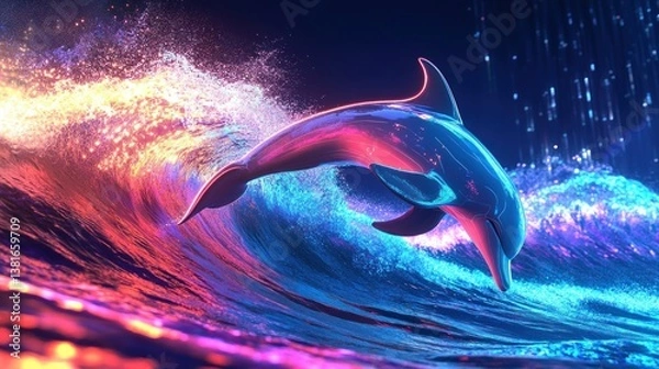 Obraz Vibrant Neon Dolphin Leaping Through Glowing Waves, Futuristic Underwater Scene
