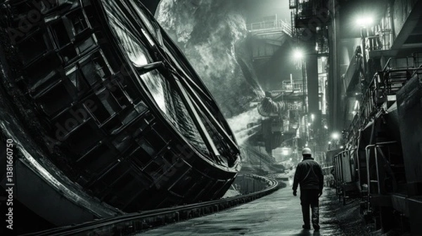 Obraz Monochrome view of a worker walking beside massive industrial equipment at a facility