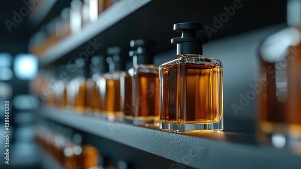 Obraz Close-up of amber-colored perfume bottles elegantly arranged on a dark shelf, showcasing luxury and a sophisticated aesthetic in fragrance selection and display.
