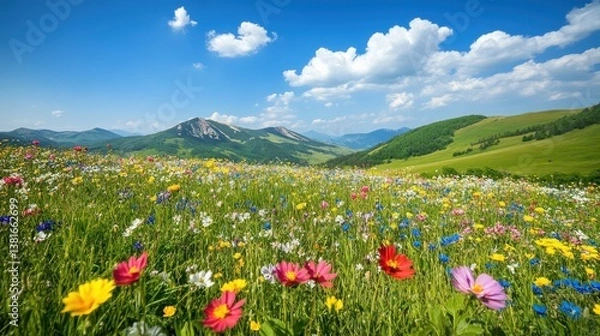 Obraz Idyllic mountain meadow bursting with wildflowers under a bright blue sky