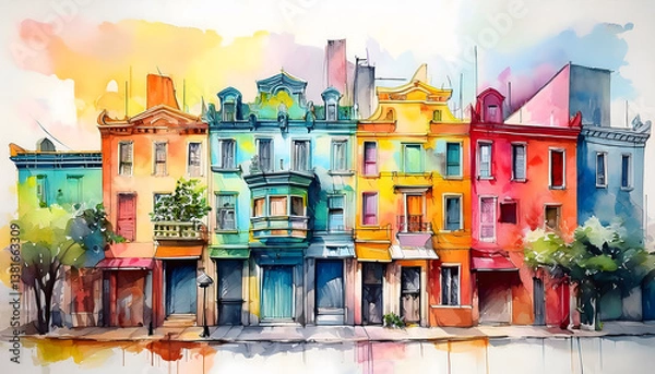 Fototapeta A watercolor painting of a row of colorful, ornate townhouses with trees, rendered in a loose, expressive style
