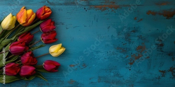 Fototapeta Fresh tulips of red, yellow, and orange arranged artfully on a blue painted wooden surface textured with visible wood grain and knots, copy text ready