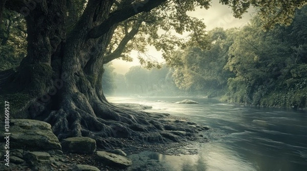 Obraz Majestic riverside scenery: an ancient tree guards the peaceful flowing water