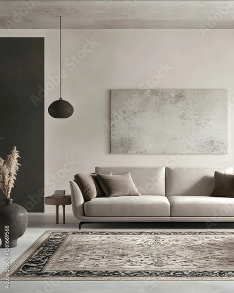 Obraz A modern living room with an elegant sofa large rug and wall art The space is adorned in soft gray tones creating a serene atmosphere There is no lighting on the ce