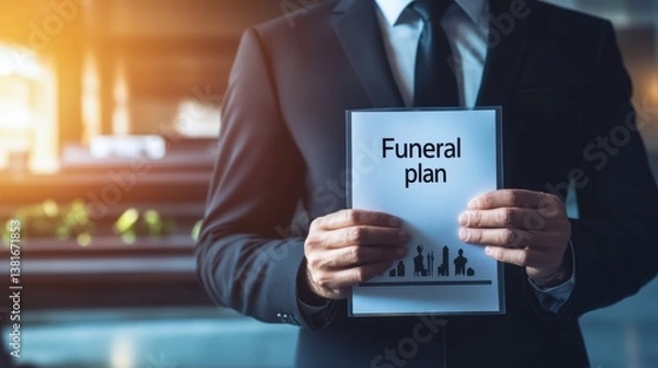 Obraz Man in suit holding funeral plan document