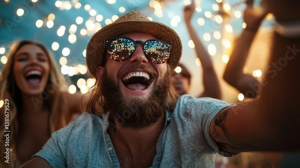 Fototapeta A charismatic man in sunglasses exudes happiness at a festive gathering, joined by friends under shimmering lights, creating an atmosphere of joy and celebration.