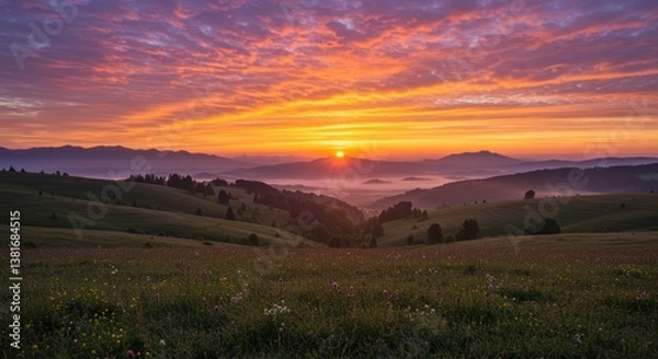 Obraz A stunning sunrise casts vibrant pink and orange hues over rolling hills and mountains, while wildflowers dot the landscape amidst misty valleys, creating a serene atmosphere.