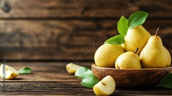 Fototapeta A rustic wooden bowl overflowing with golden yellow pears, accompanied by fresh leaves, gives an inviting and warm touch to the atmosphere, perfect for any kitchen setting.
