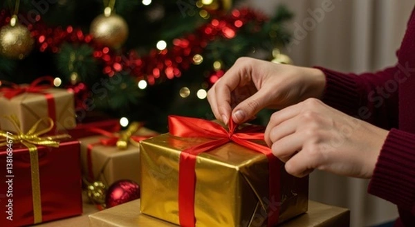 Obraz A person ties a red ribbon onto a gold gift box, surrounded by colorful Christmas decorations, creating a warm and festive holiday scene.
