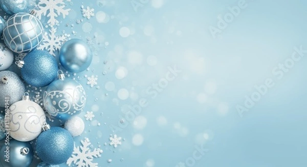 Obraz A festive arrangement of blue and silver Christmas ornaments, surrounded by sparkling snowflakes on a soft blue background. Perfect for holiday-themed projects and seasonal décor.