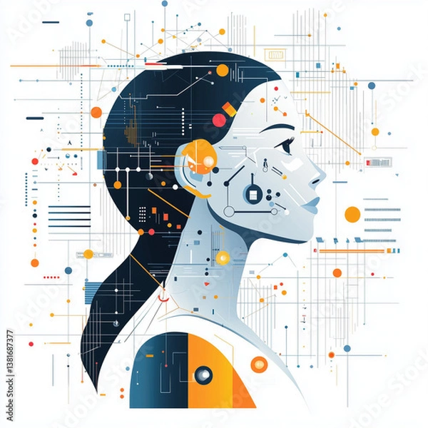 Fototapeta Futuristic woman with AI interface in data-driven vector design