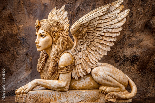 Fototapeta Statue of a Greek sphinx, mythological creature with woman's head, lion's body and eagle wings