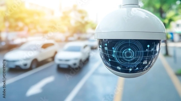 Fototapeta A white security camera monitoring a street with passing vehicles