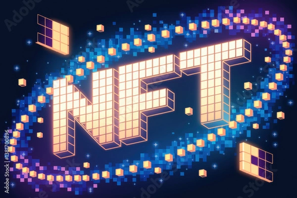 Obraz Vibrant Digital Artwork of NFTs with Pixelated Design and Cosmic Background