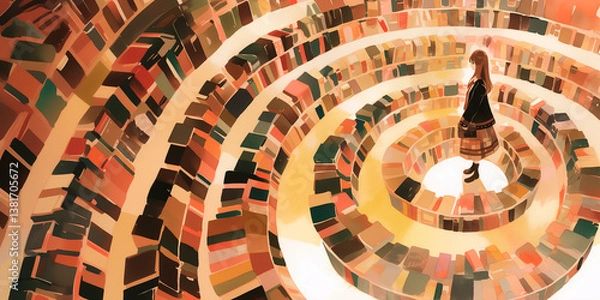 Obraz 図書館で本を探す女性。イラスト。水彩画。バナー素材。