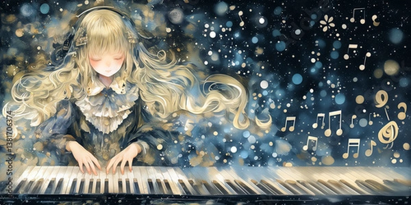 Obraz ピアノでメロディーを奏でる女性。イラスト。水彩画。バナー素材。