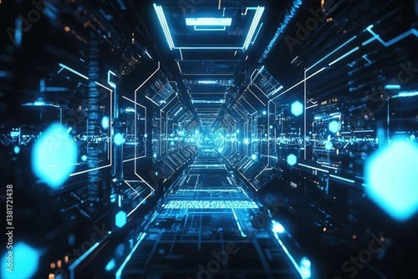 Fototapeta Neon blue hexagons pulse over dark tech grid. AI generated illustration.