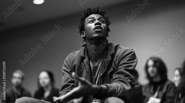 Fototapeta Young man speaking passionately and gesturing with his hands while addressing a crowd at a political meeting, conveying a sense of engagement and activism