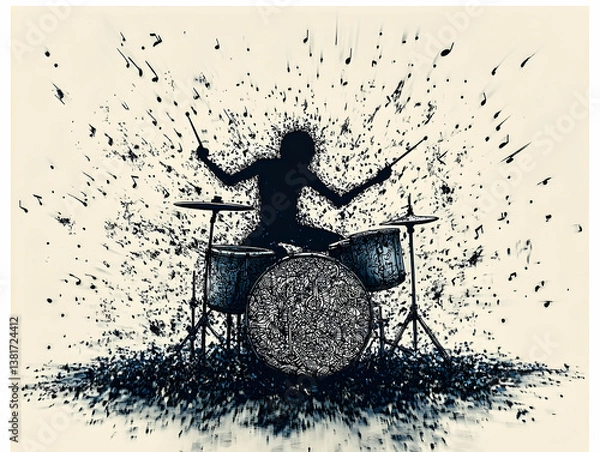 Fototapeta Dramatic image of a drummer with a drum set musical notes exploding from the silhouette creating a visual soundscape