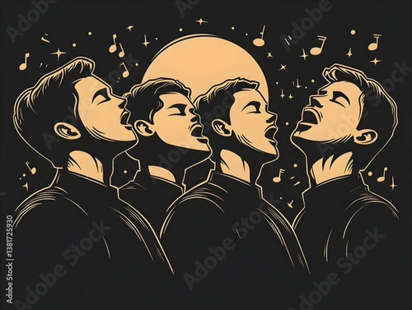 Fototapeta Four men sing a cappella under the moon and stars with music notes floating around in black and gold style illustration